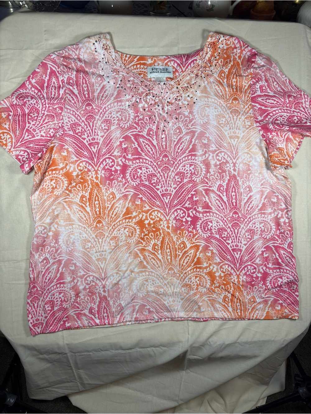 Alfred Dunner Pink & Orange Paradise Island Ombré Medallion Short-Sleeve Top
